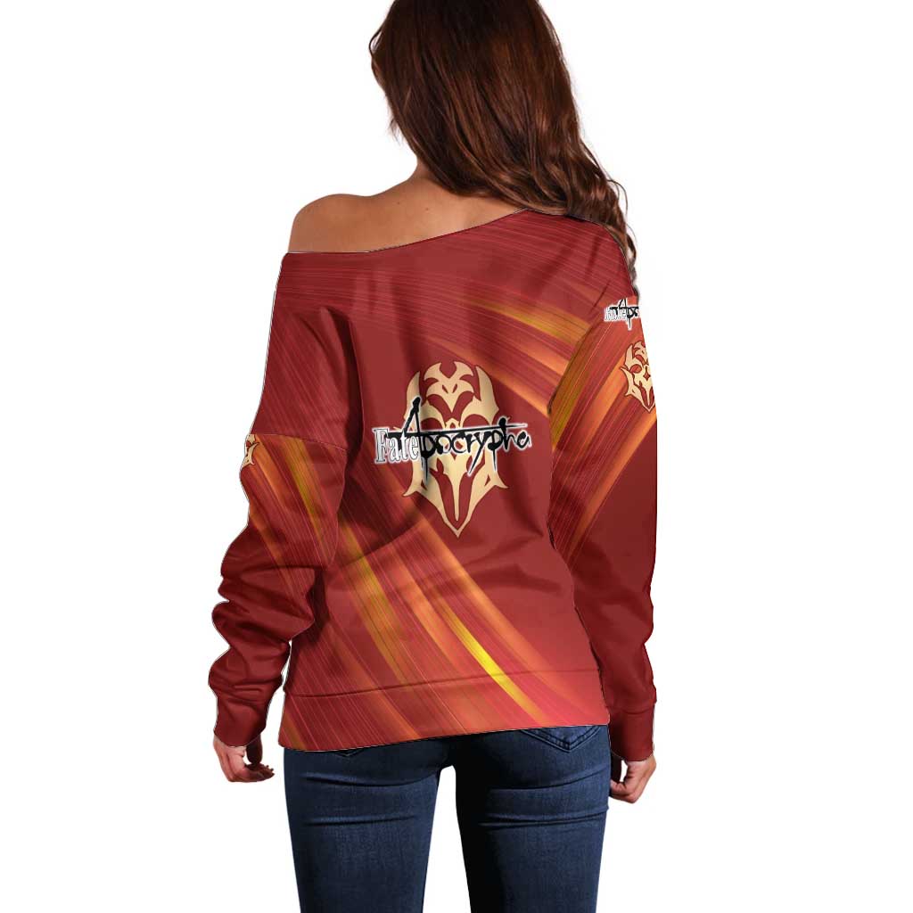 Saber of Red Fate Apocrypha Theme Off Shoulder Sweater with Sword Pose and Fiery Red Gradient Graphic Design - The Mazicc