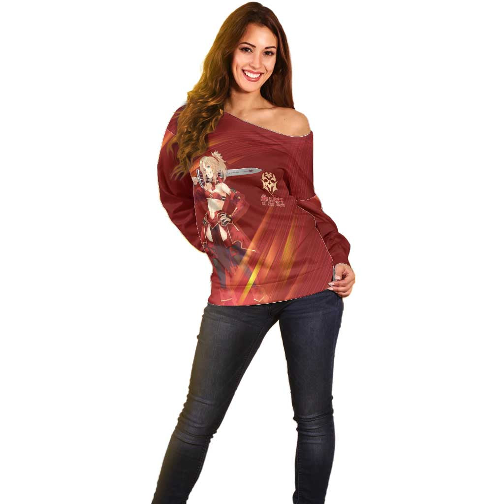 Saber of Red Fate Apocrypha Theme Off Shoulder Sweater with Sword Pose and Fiery Red Gradient Graphic Design - The Mazicc