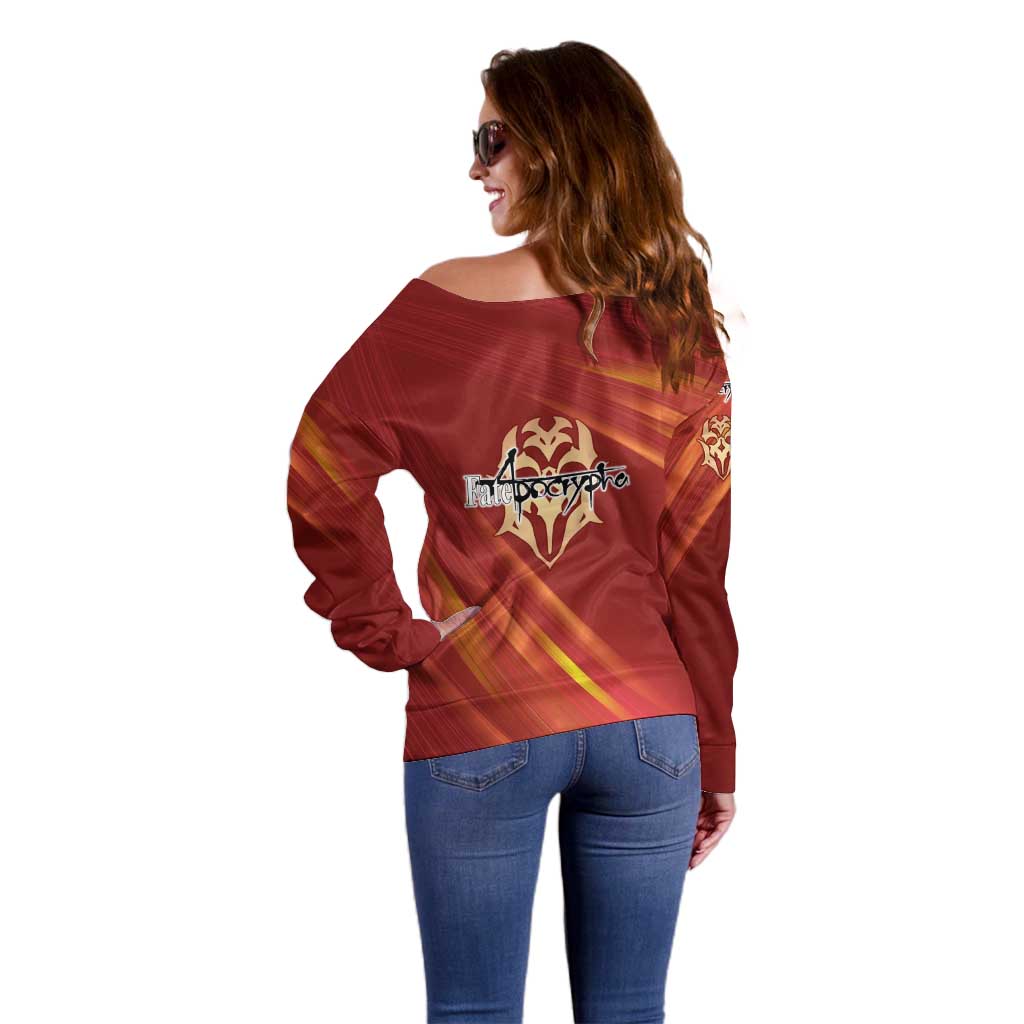 Saber of Red Fate Apocrypha Theme Off Shoulder Sweater with Sword Pose and Fiery Red Gradient Graphic Design - The Mazicc
