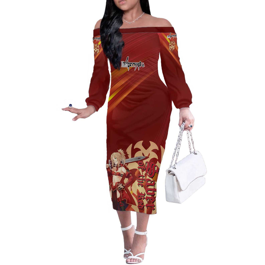 Saber of Red Fate Apocrypha Theme Off The Shoulder Long Sleeve Dress with Sword Pose and Fiery Red Gradient Graphic Design - The Mazicc
