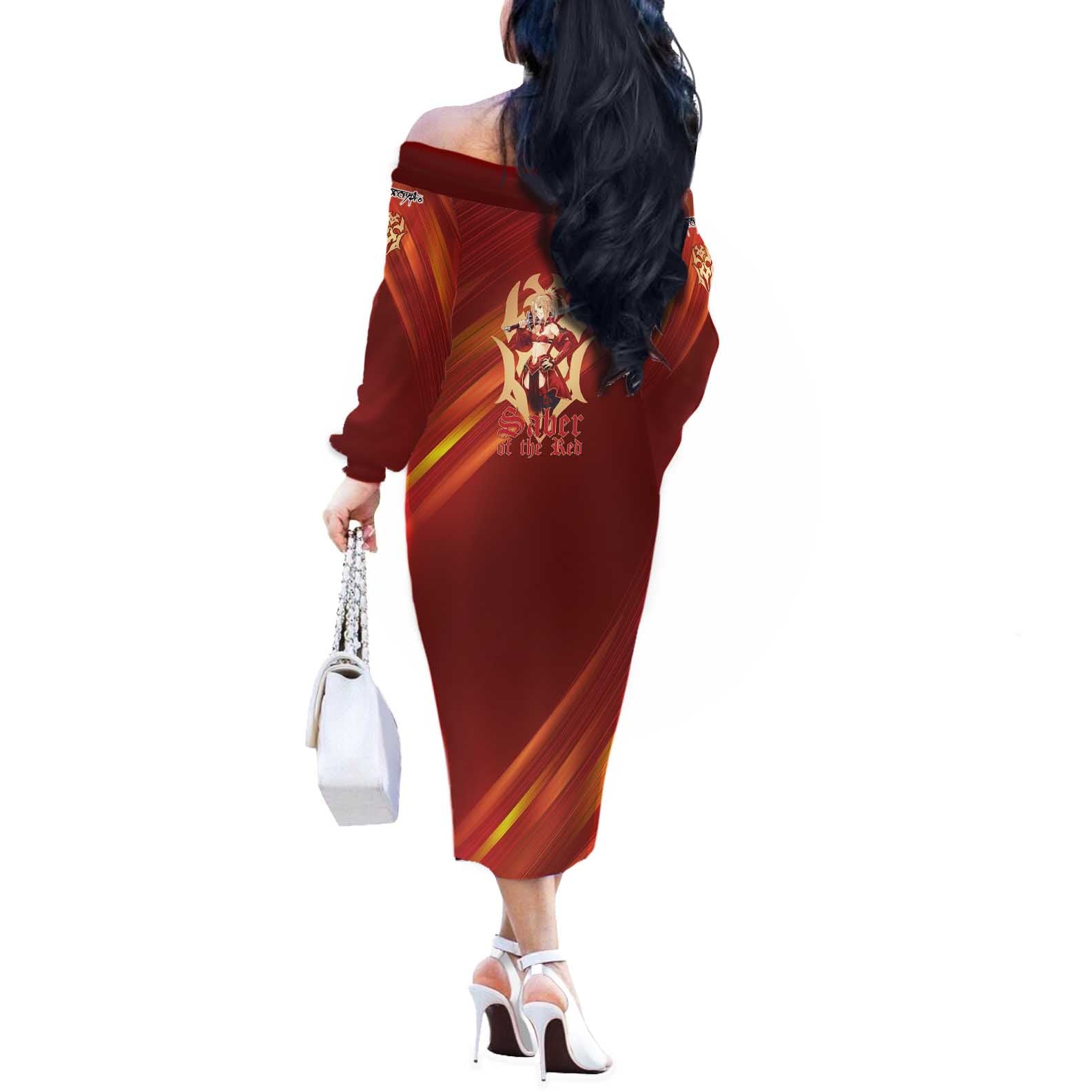 Saber of Red Fate Apocrypha Theme Off The Shoulder Long Sleeve Dress with Sword Pose and Fiery Red Gradient Graphic Design - The Mazicc