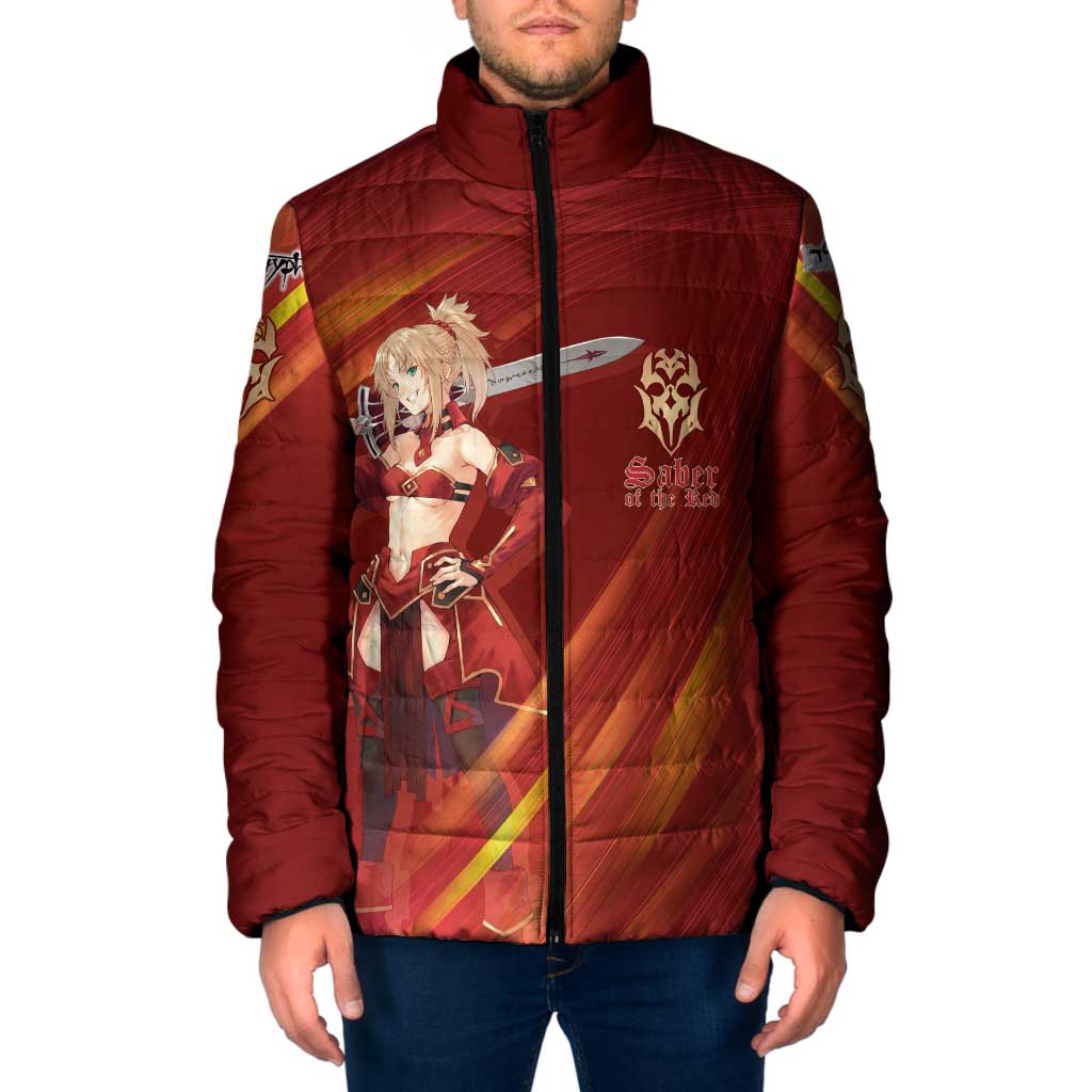 Saber of Red Fate Apocrypha Theme Padded Jacket with Sword Pose and Fiery Red Gradient Graphic Design - The Mazicc