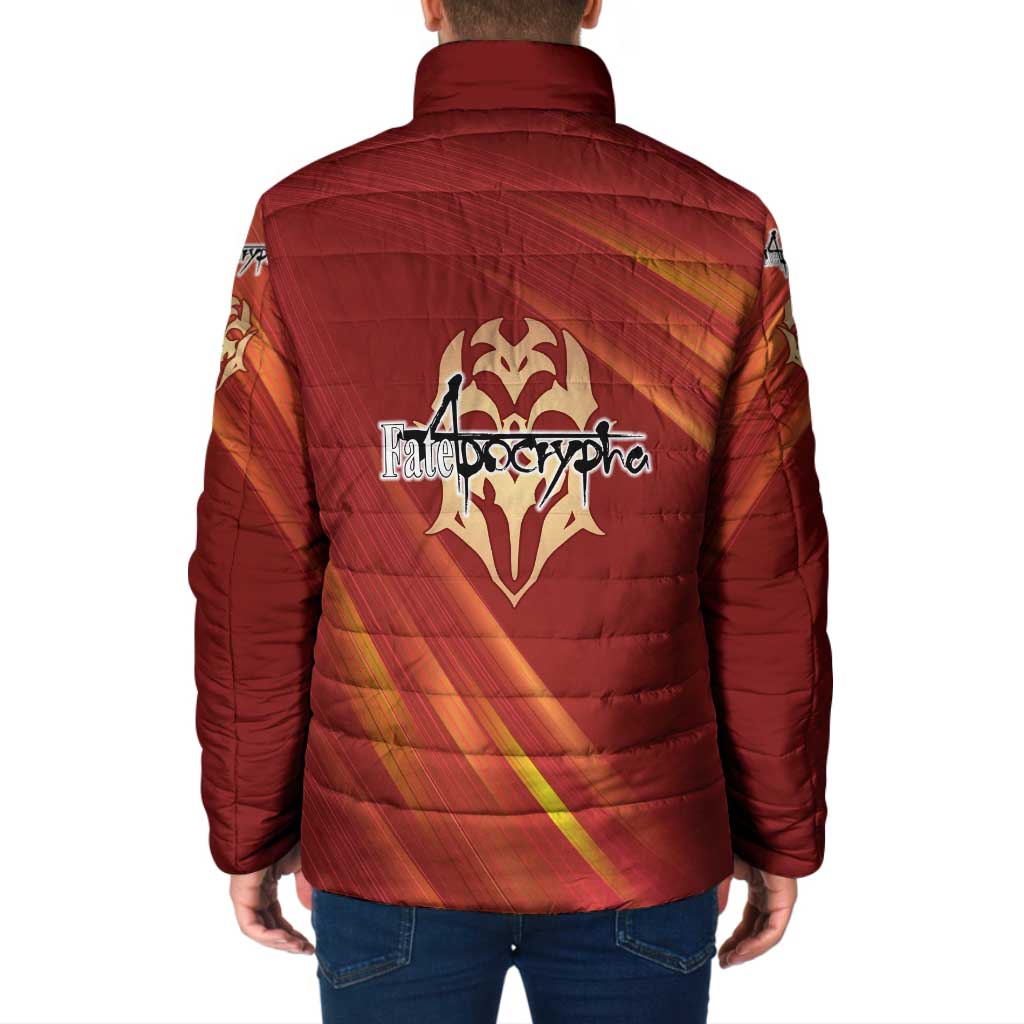 Saber of Red Fate Apocrypha Theme Padded Jacket with Sword Pose and Fiery Red Gradient Graphic Design - The Mazicc
