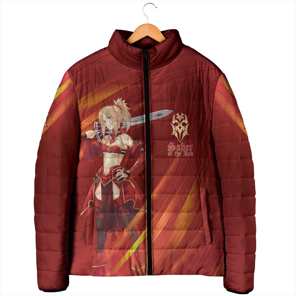 Saber of Red Fate Apocrypha Theme Padded Jacket with Sword Pose and Fiery Red Gradient Graphic Design - The Mazicc