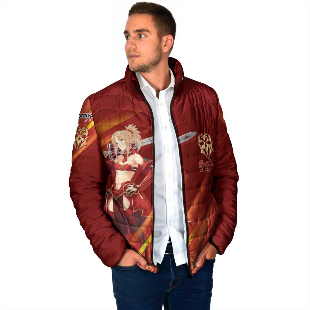Saber of Red Fate Apocrypha Theme Padded Jacket with Sword Pose and Fiery Red Gradient Graphic Design - The Mazicc