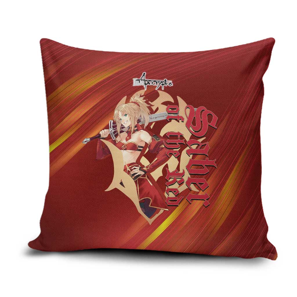 Saber of Red Fate Apocrypha Theme Pillow Cover with Sword Pose and Fiery Red Gradient Graphic Design - The Mazicc