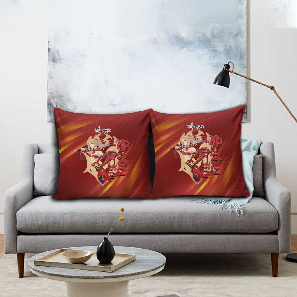 Saber of Red Fate Apocrypha Theme Pillow Cover with Sword Pose and Fiery Red Gradient Graphic Design - The Mazicc