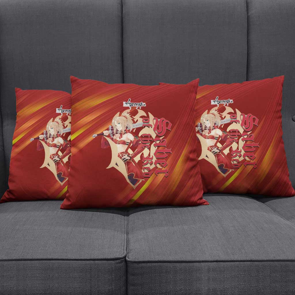 Saber of Red Fate Apocrypha Theme Pillow Cover with Sword Pose and Fiery Red Gradient Graphic Design - The Mazicc