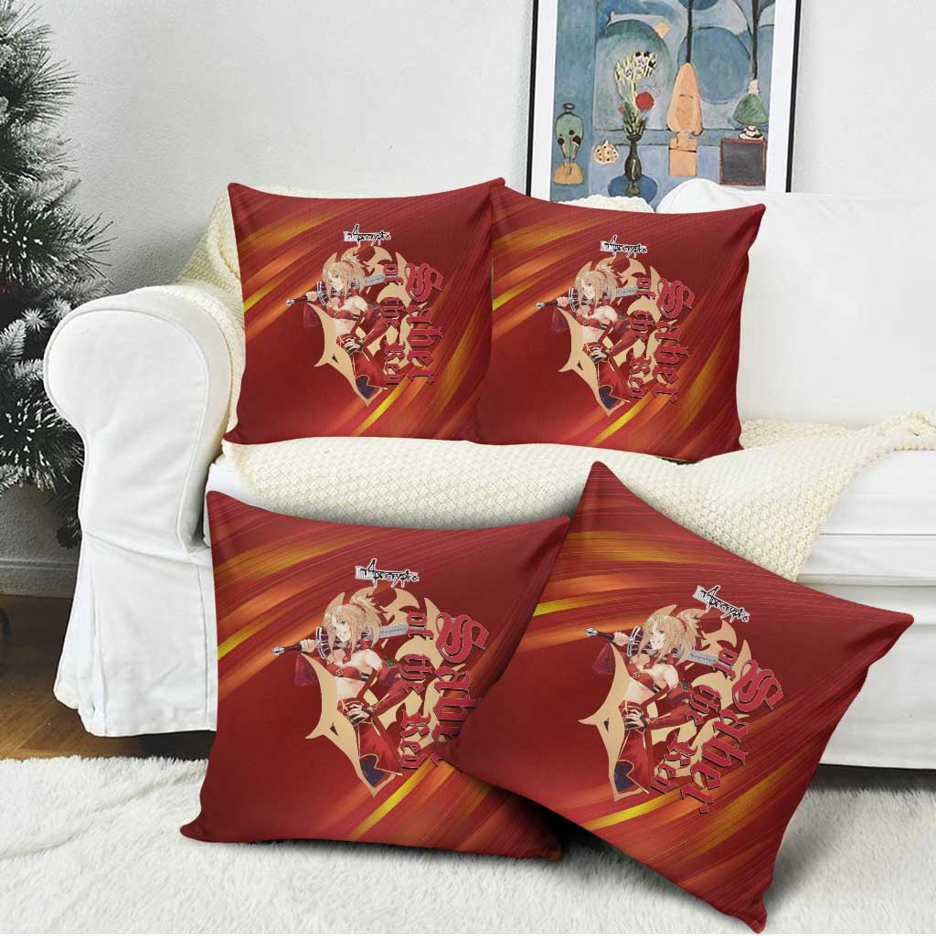 Saber of Red Fate Apocrypha Theme Pillow Cover with Sword Pose and Fiery Red Gradient Graphic Design - The Mazicc