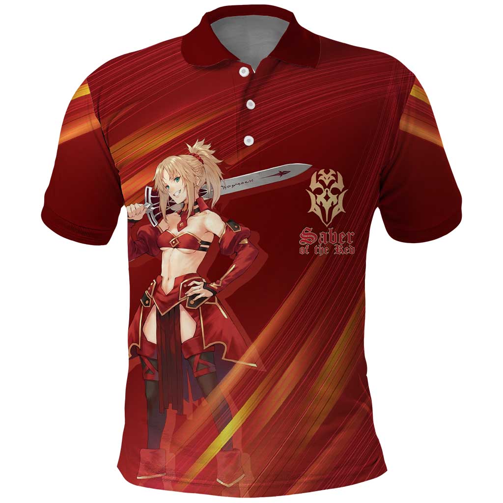Saber of Red Fate Apocrypha Theme Polo Shirt with Sword Pose and Fiery Red Gradient Graphic Design - The Mazicc