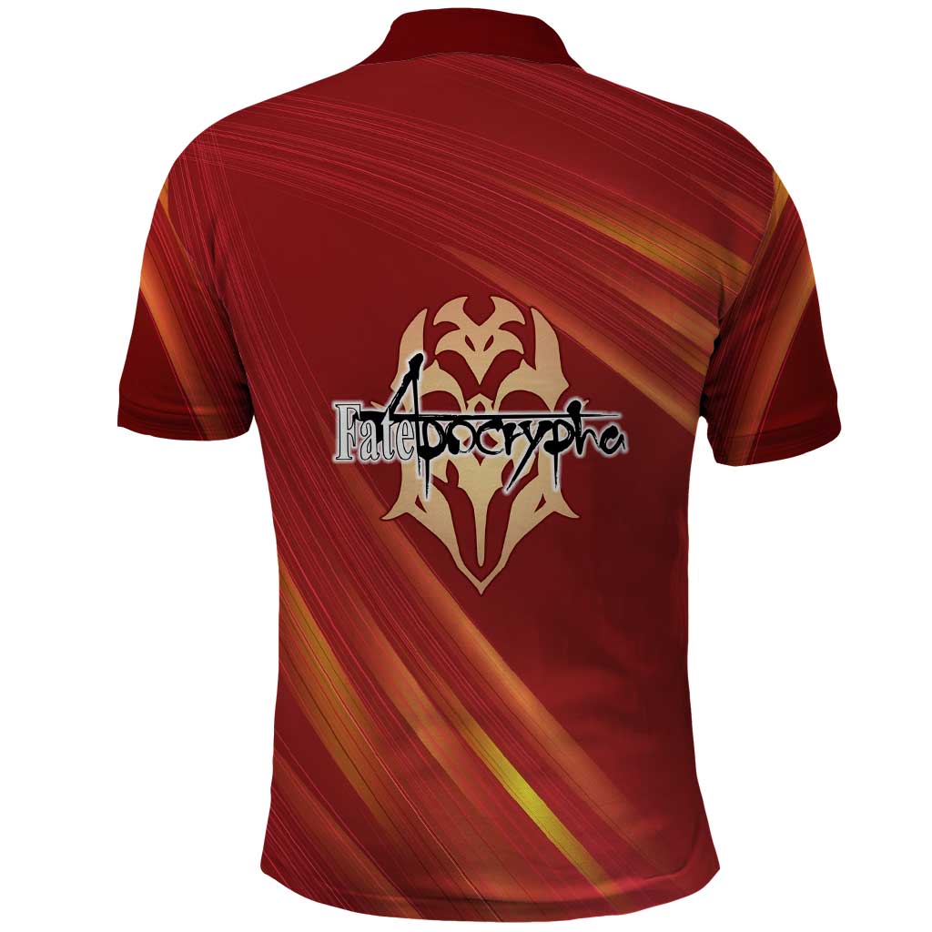 Saber of Red Fate Apocrypha Theme Polo Shirt with Sword Pose and Fiery Red Gradient Graphic Design - The Mazicc