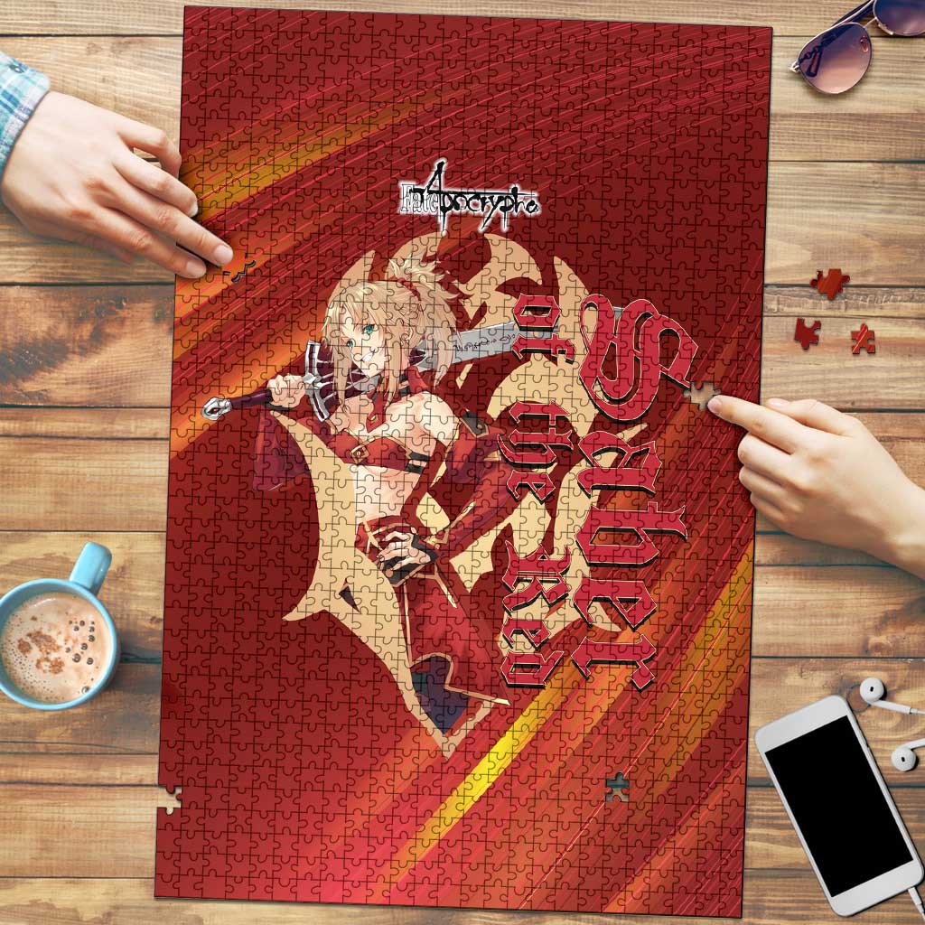 Saber of Red Fate Apocrypha Theme Puzzle with Sword Pose and Fiery Red Gradient Graphic Design - The Mazicc