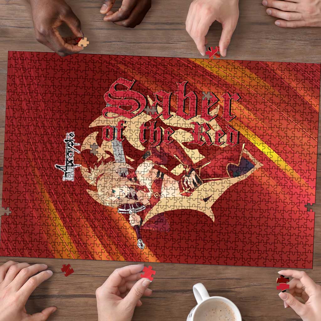 Saber of Red Fate Apocrypha Theme Puzzle with Sword Pose and Fiery Red Gradient Graphic Design - The Mazicc