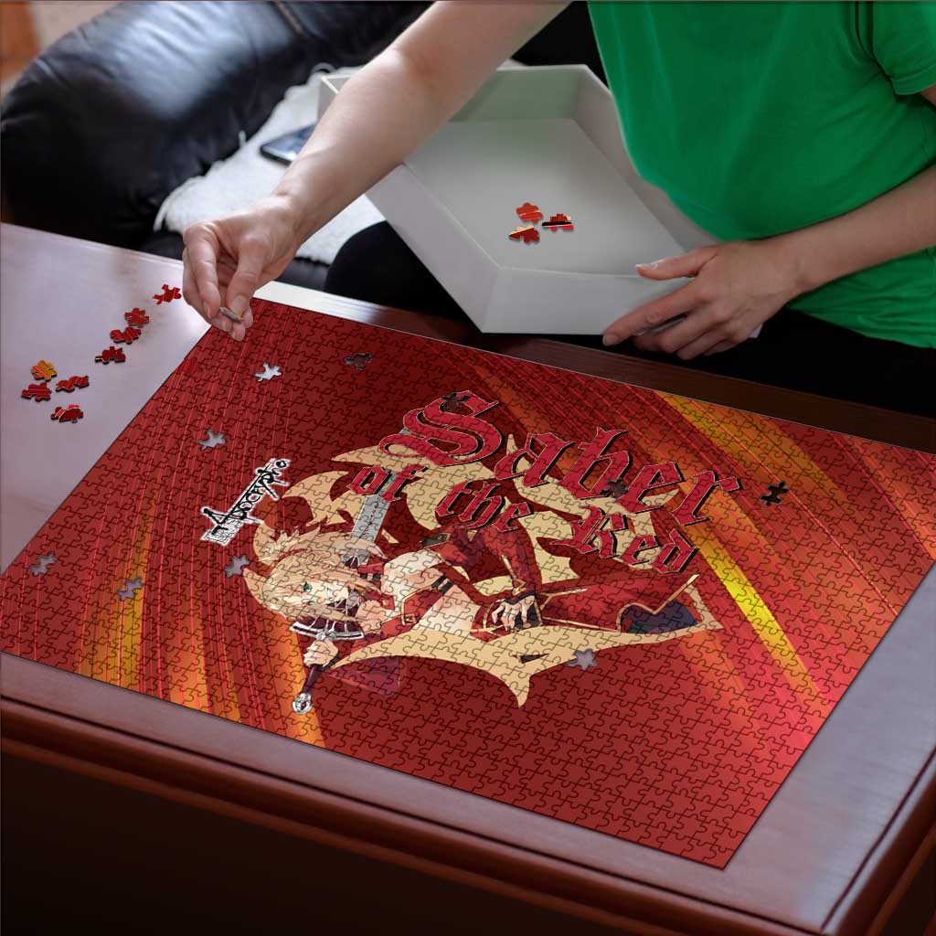 Saber of Red Fate Apocrypha Theme Puzzle with Sword Pose and Fiery Red Gradient Graphic Design - The Mazicc