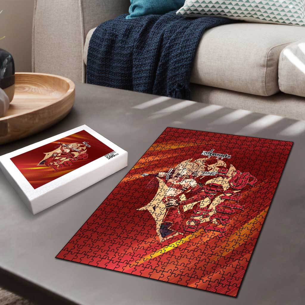 Saber of Red Fate Apocrypha Theme Puzzle with Sword Pose and Fiery Red Gradient Graphic Design - The Mazicc