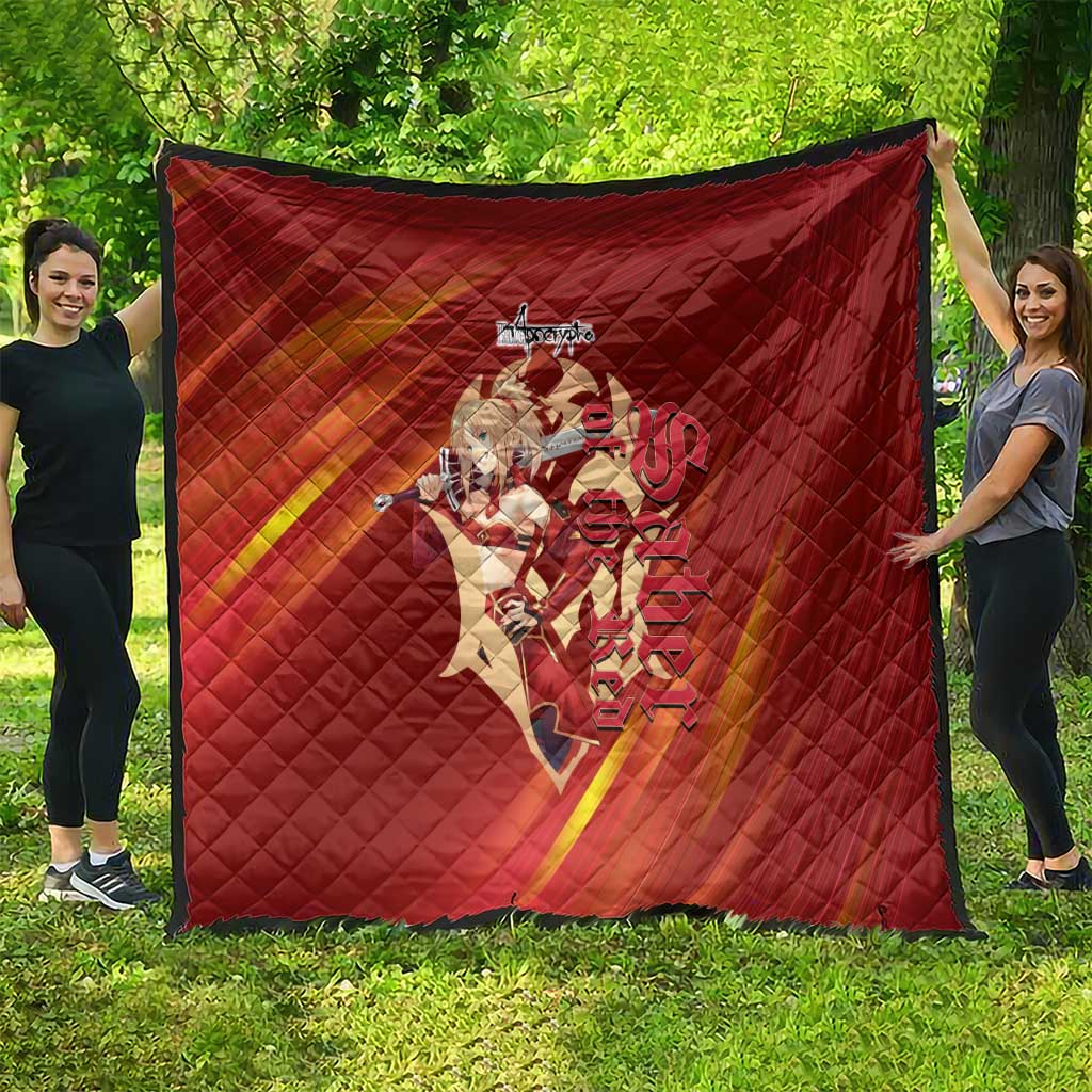 Saber of Red Fate Apocrypha Theme Quilt with Sword Pose and Fiery Red Gradient Graphic Design - The Mazicc