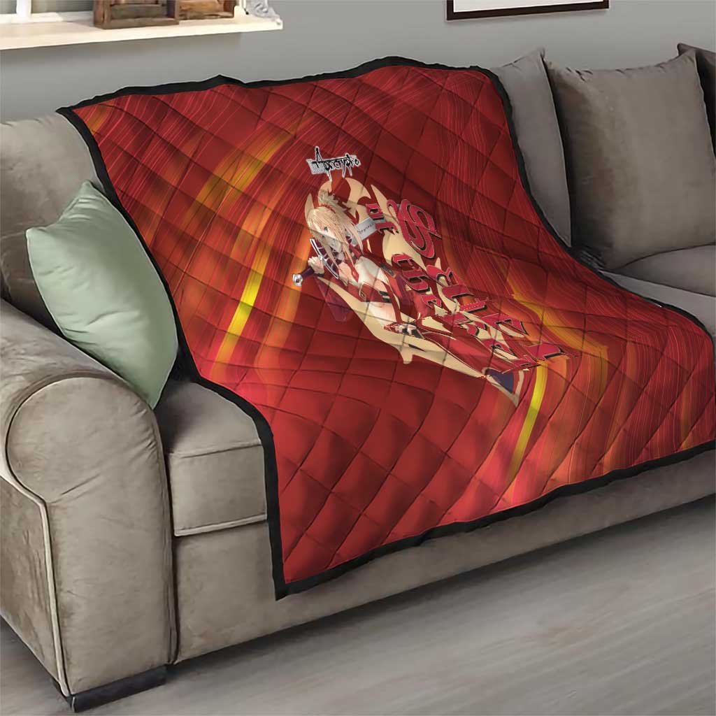 Saber of Red Fate Apocrypha Theme Quilt with Sword Pose and Fiery Red Gradient Graphic Design - The Mazicc
