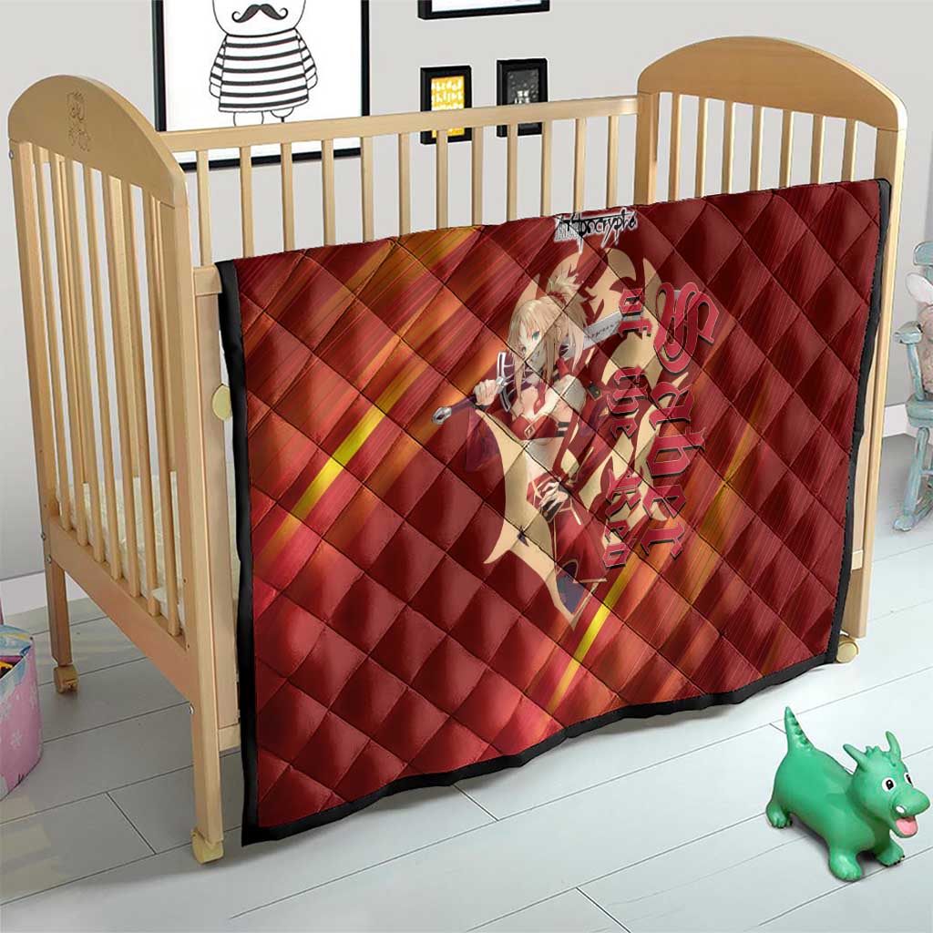 Saber of Red Fate Apocrypha Theme Quilt with Sword Pose and Fiery Red Gradient Graphic Design - The Mazicc
