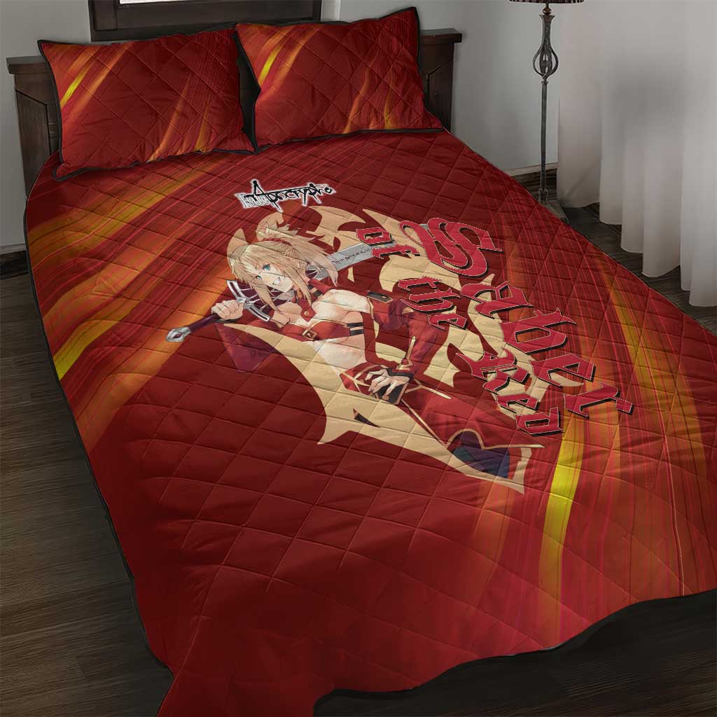 Saber of Red Fate Apocrypha Theme Quilt Bed Set with Sword Pose and Fiery Red Gradient Graphic Design - The Mazicc