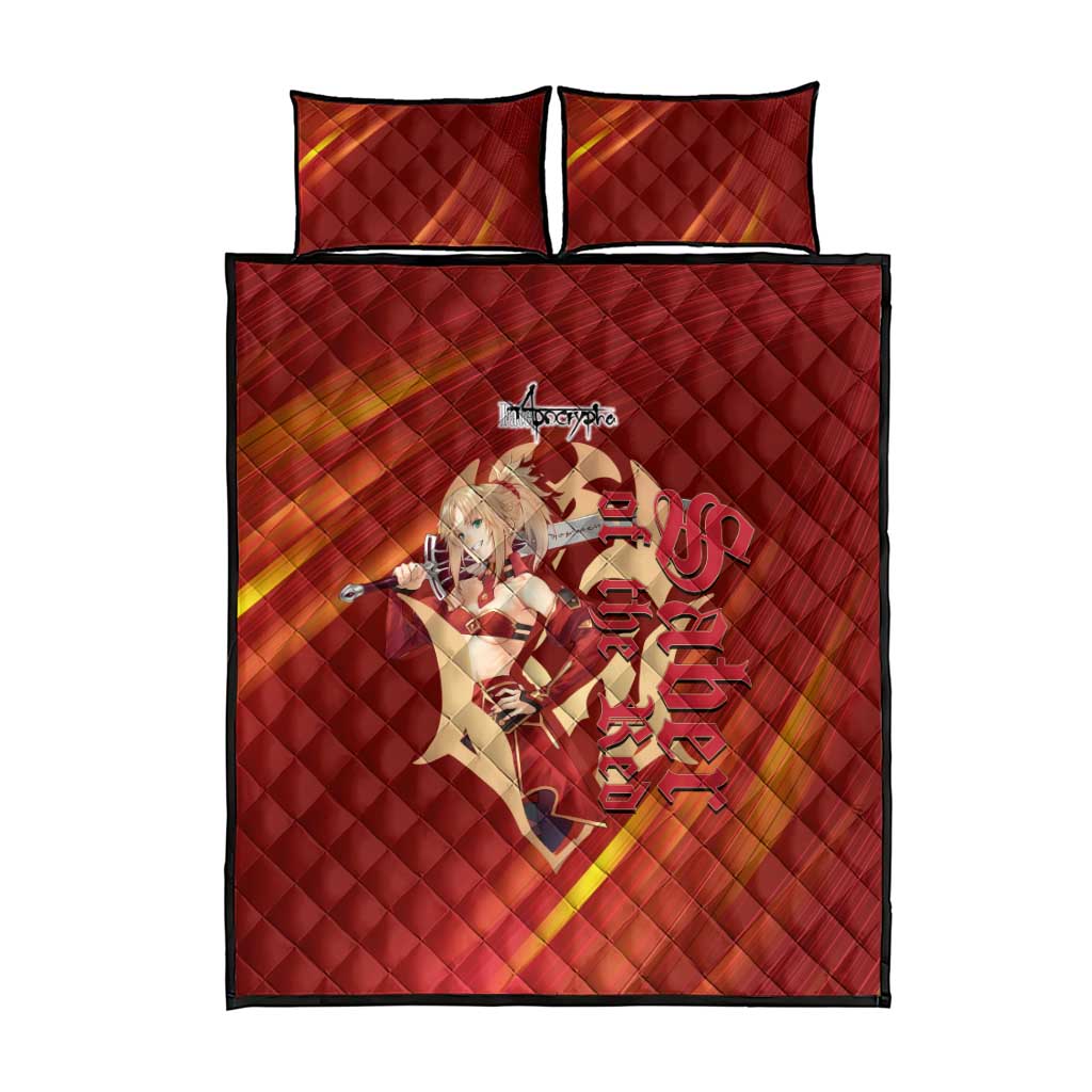 Saber of Red Fate Apocrypha Theme Quilt Bed Set with Sword Pose and Fiery Red Gradient Graphic Design - The Mazicc