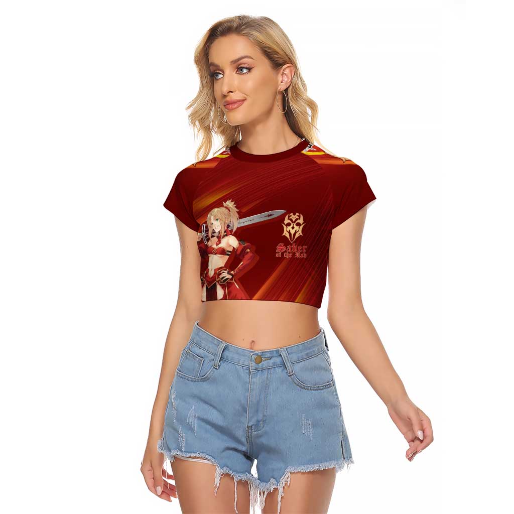 Saber of Red Fate Apocrypha Theme Raglan Cropped T Shirt with Sword Pose and Fiery Red Gradient Graphic Design - The Mazicc