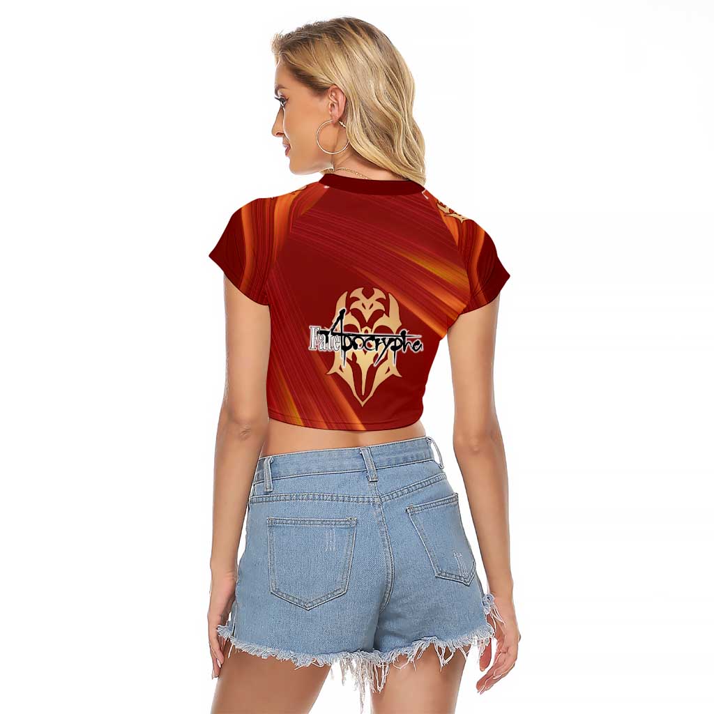 Saber of Red Fate Apocrypha Theme Raglan Cropped T Shirt with Sword Pose and Fiery Red Gradient Graphic Design - The Mazicc
