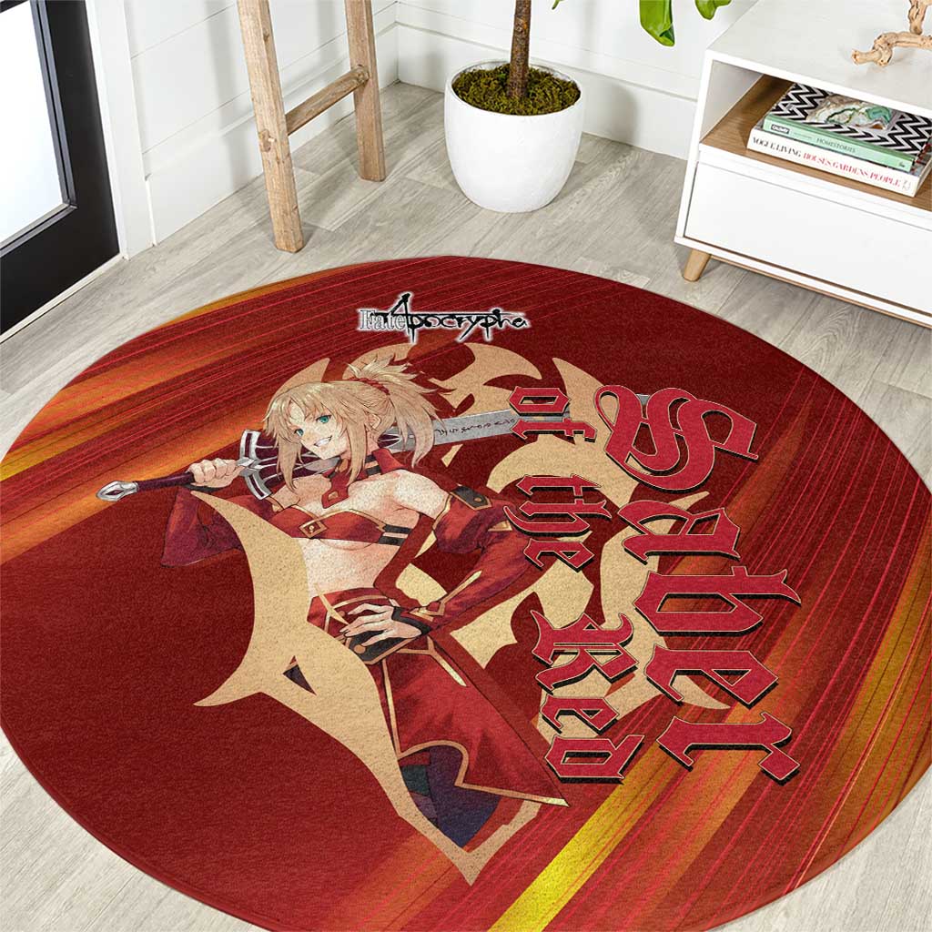 Saber of Red Fate Apocrypha Theme Round Carpet with Sword Pose and Fiery Red Gradient Graphic Design - The Mazicc