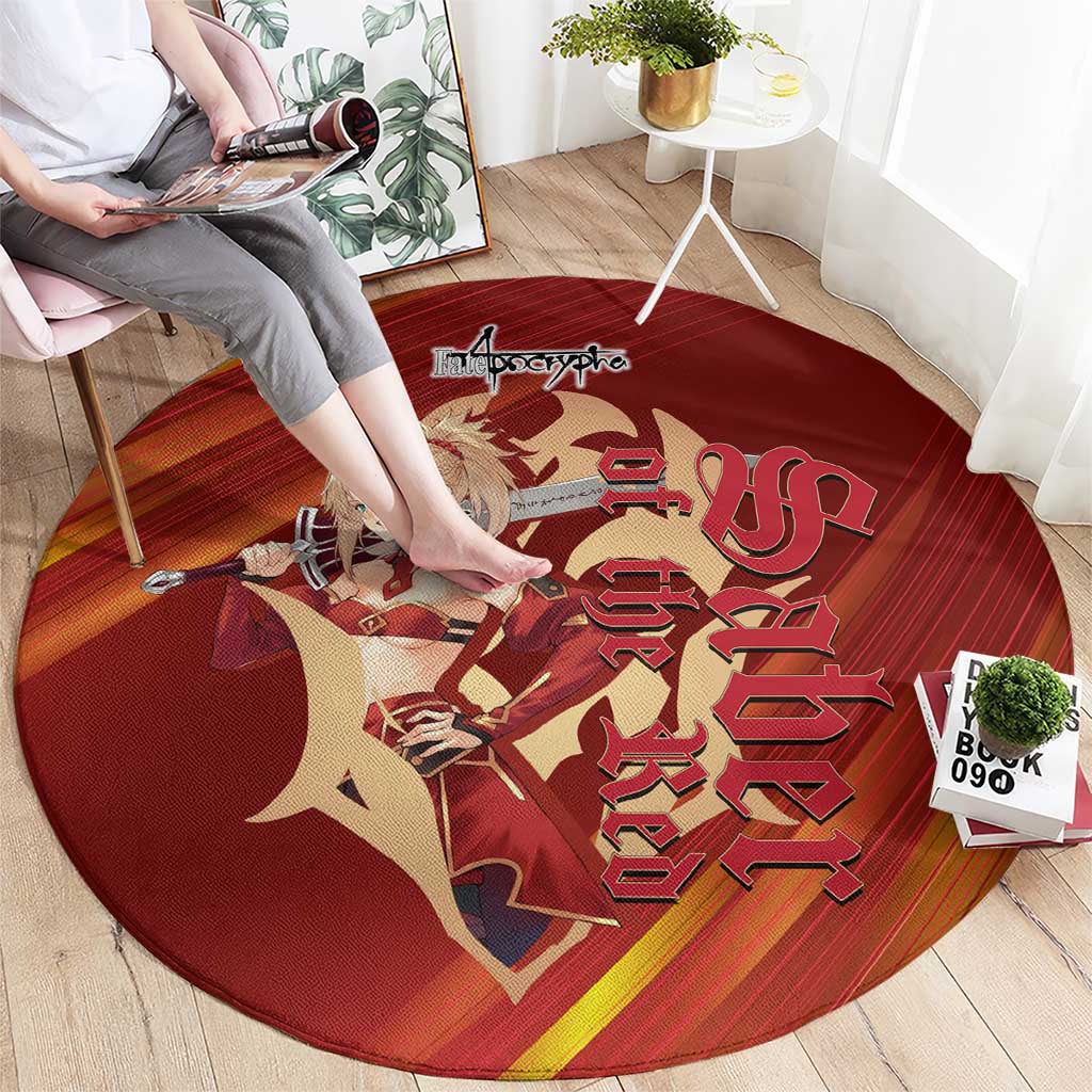 Saber of Red Fate Apocrypha Theme Round Carpet with Sword Pose and Fiery Red Gradient Graphic Design - The Mazicc