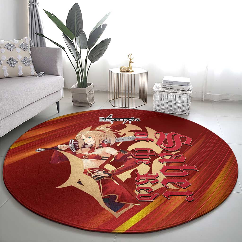Saber of Red Fate Apocrypha Theme Round Carpet with Sword Pose and Fiery Red Gradient Graphic Design - The Mazicc
