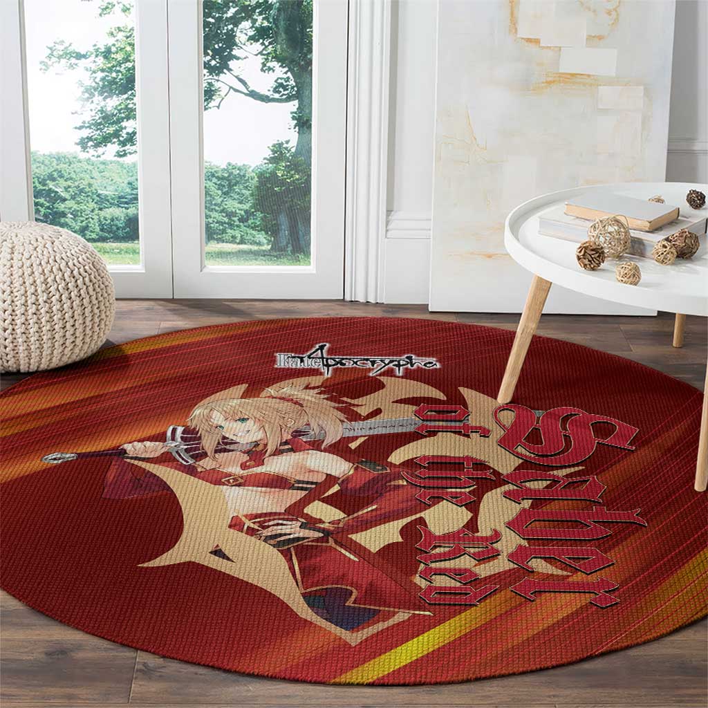 Saber of Red Fate Apocrypha Theme Round Carpet with Sword Pose and Fiery Red Gradient Graphic Design - The Mazicc