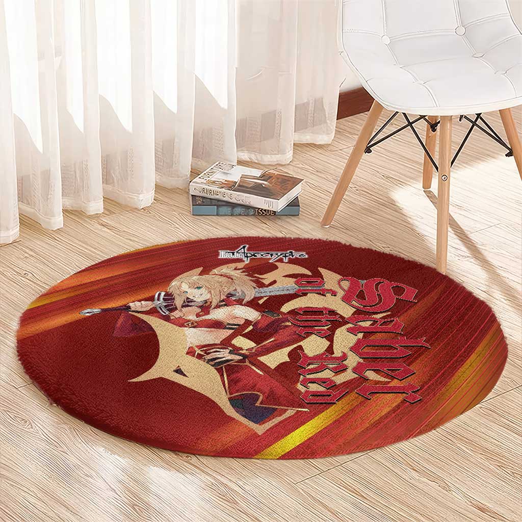 Saber of Red Fate Apocrypha Theme Round Carpet with Sword Pose and Fiery Red Gradient Graphic Design - The Mazicc