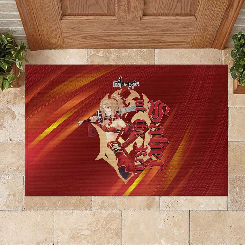Saber of Red Fate Apocrypha Theme Rubber Doormat with Sword Pose and Fiery Red Gradient Graphic Design - The Mazicc