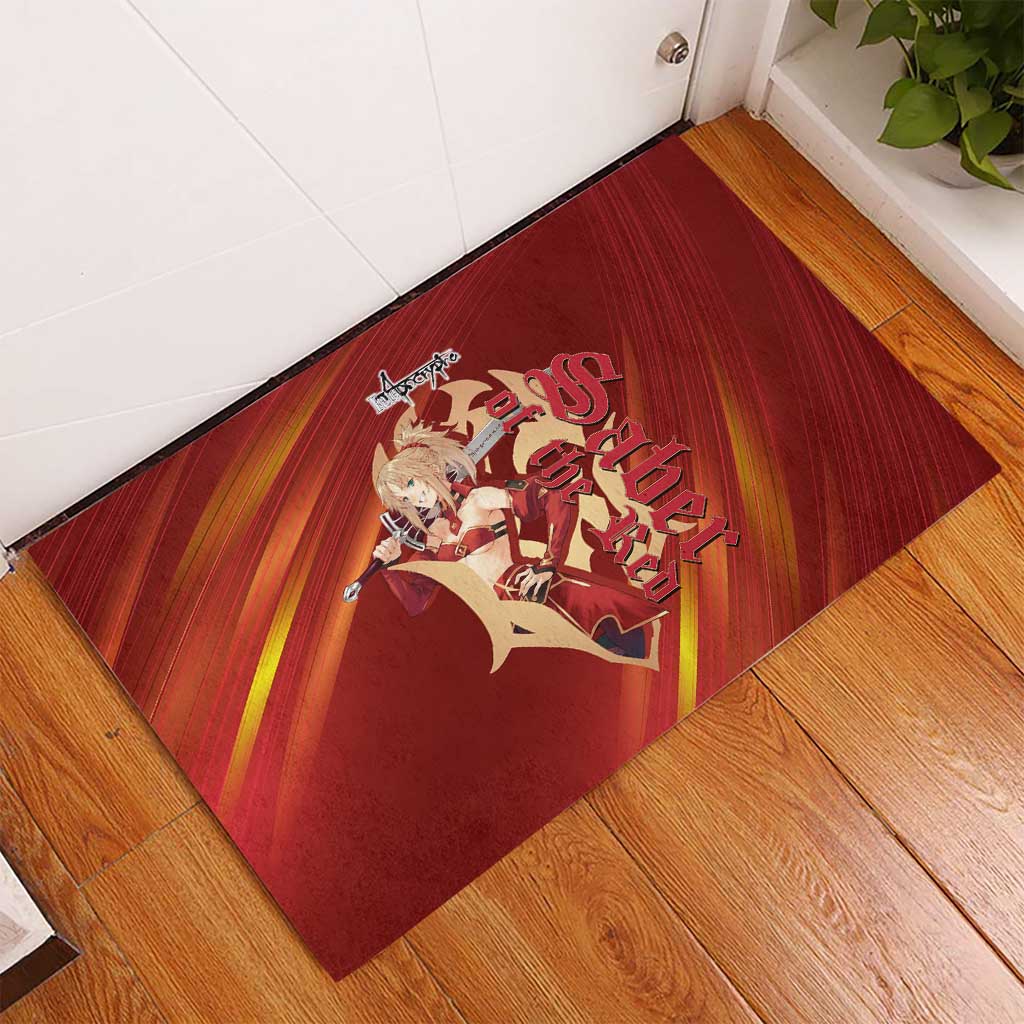 Saber of Red Fate Apocrypha Theme Rubber Doormat with Sword Pose and Fiery Red Gradient Graphic Design - The Mazicc