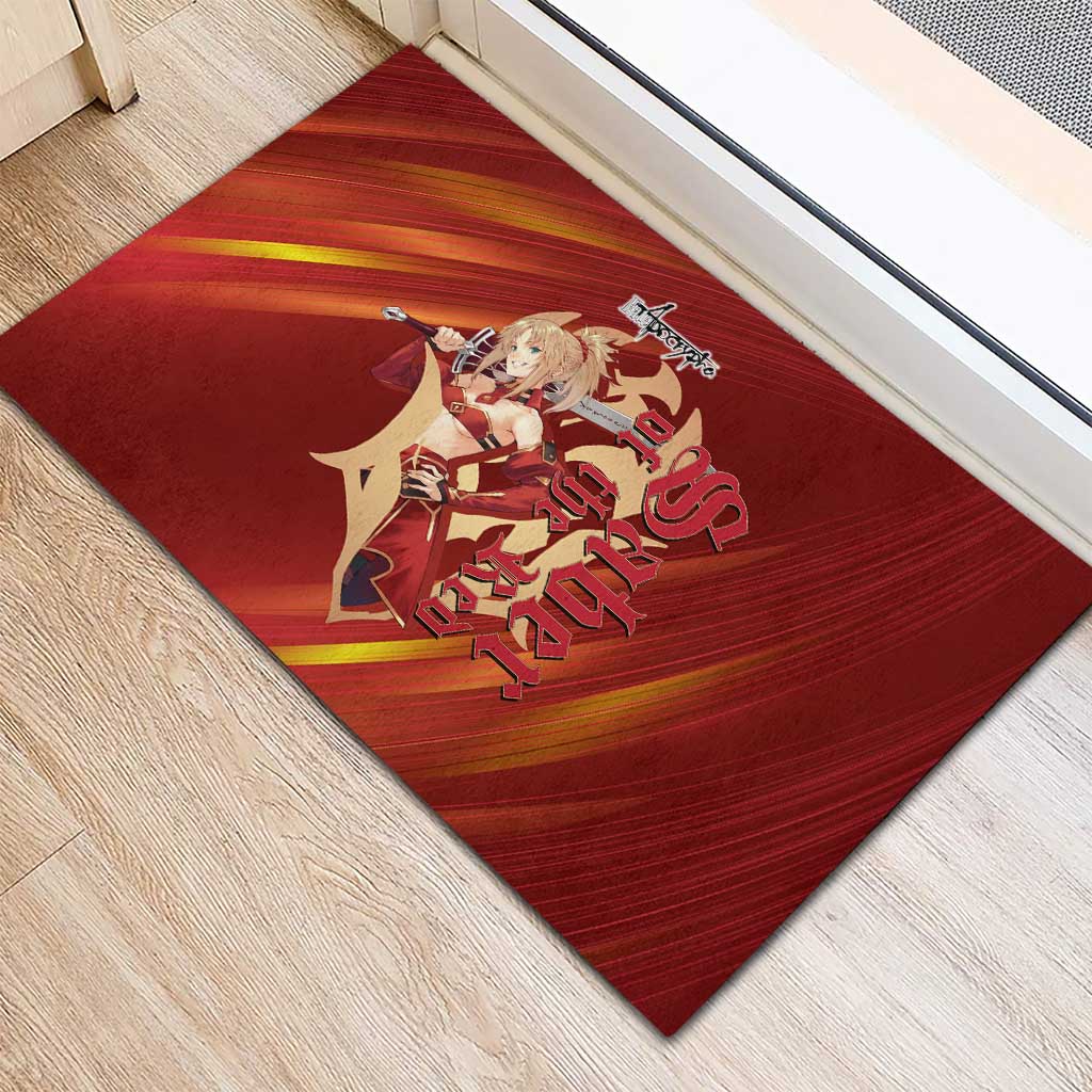 Saber of Red Fate Apocrypha Theme Rubber Doormat with Sword Pose and Fiery Red Gradient Graphic Design - The Mazicc