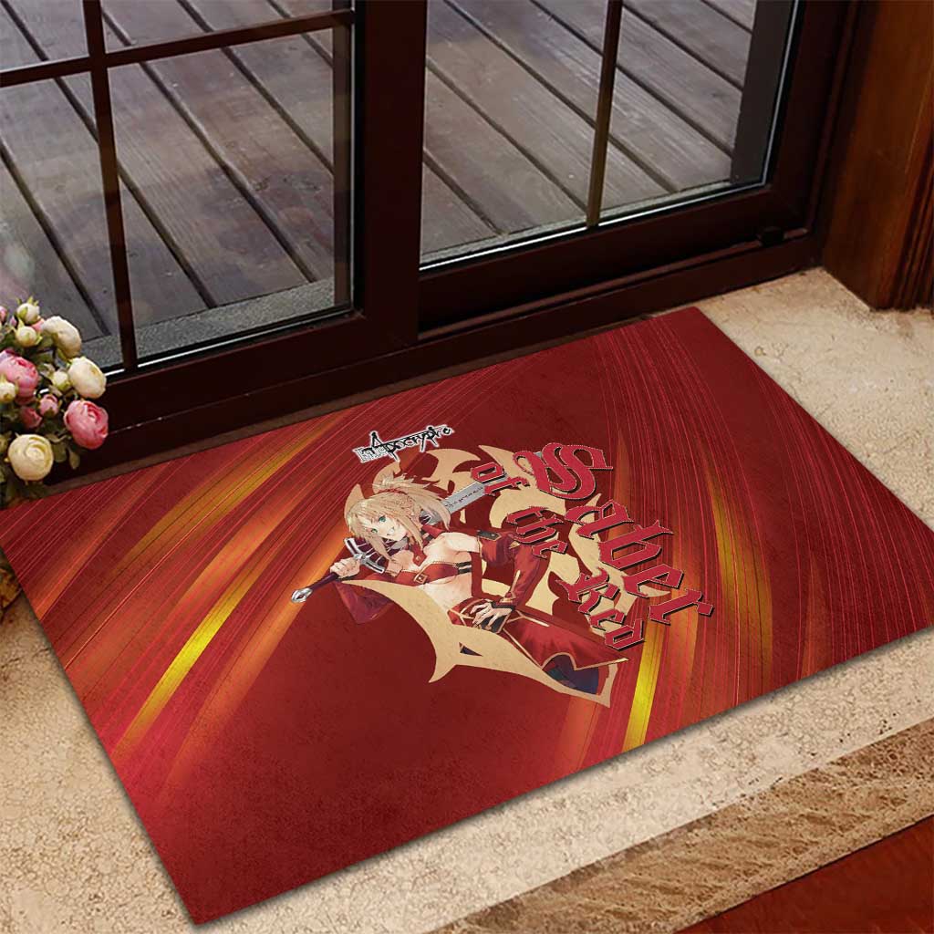 Saber of Red Fate Apocrypha Theme Rubber Doormat with Sword Pose and Fiery Red Gradient Graphic Design - The Mazicc