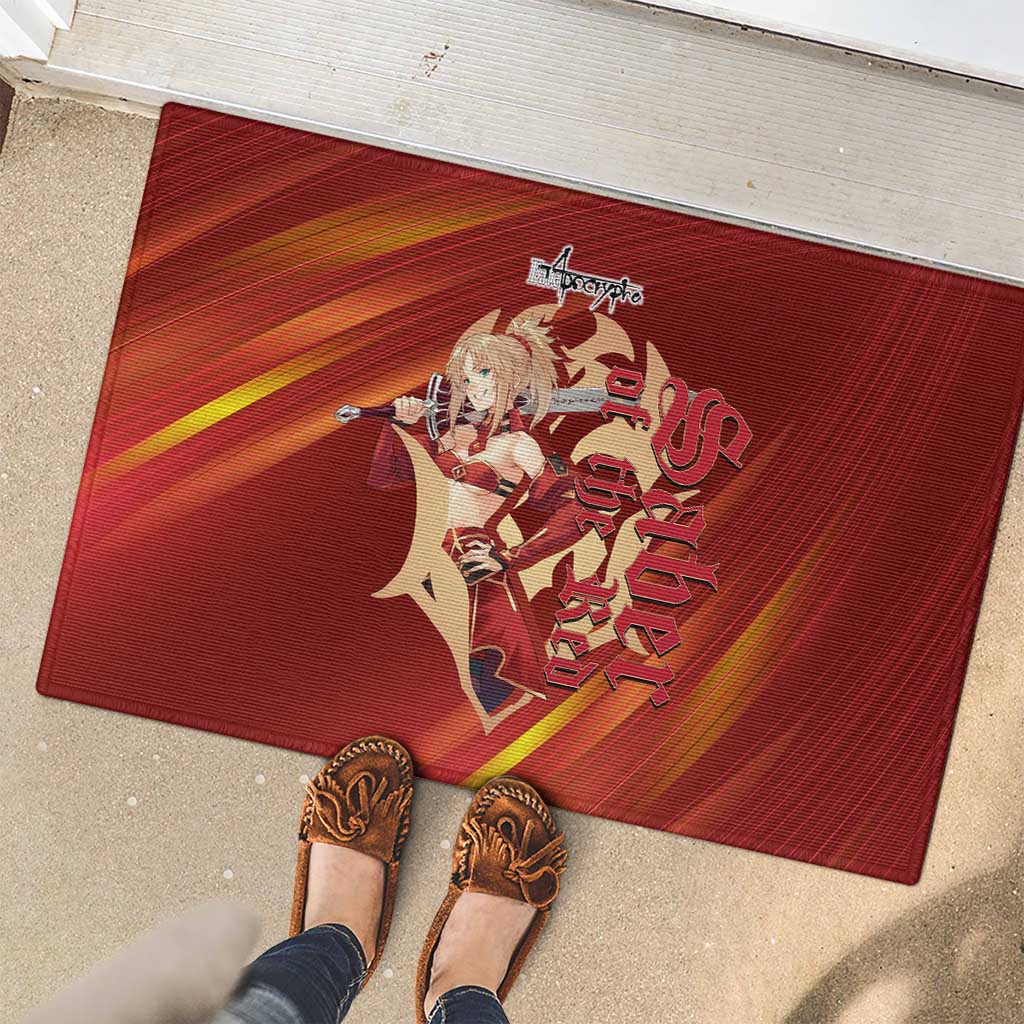 Saber of Red Fate Apocrypha Theme Rubber Doormat with Sword Pose and Fiery Red Gradient Graphic Design - The Mazicc