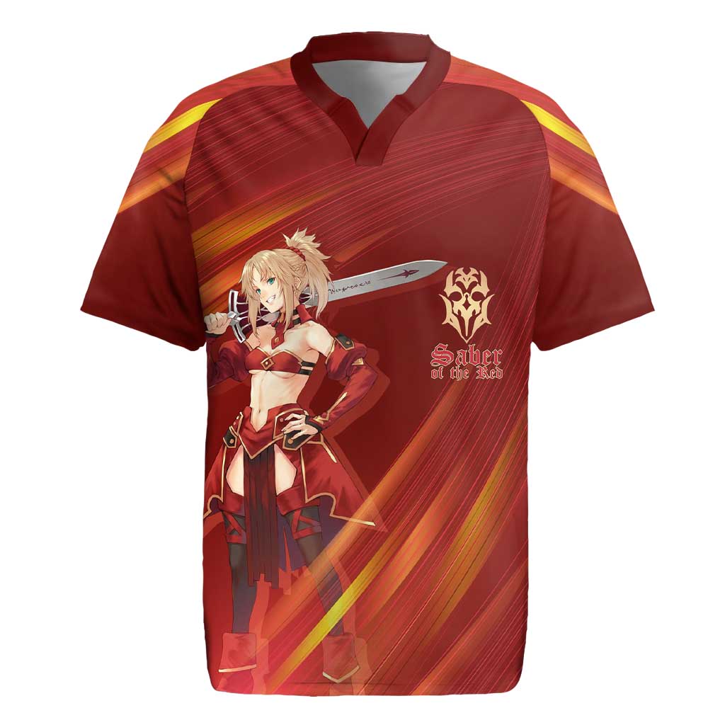Saber of Red Fate Apocrypha Theme Rugby Jersey with Sword Pose and Fiery Red Gradient Graphic Design - The Mazicc
