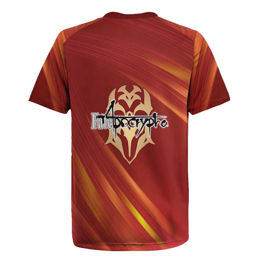Saber of Red Fate Apocrypha Theme Rugby Jersey with Sword Pose and Fiery Red Gradient Graphic Design - The Mazicc