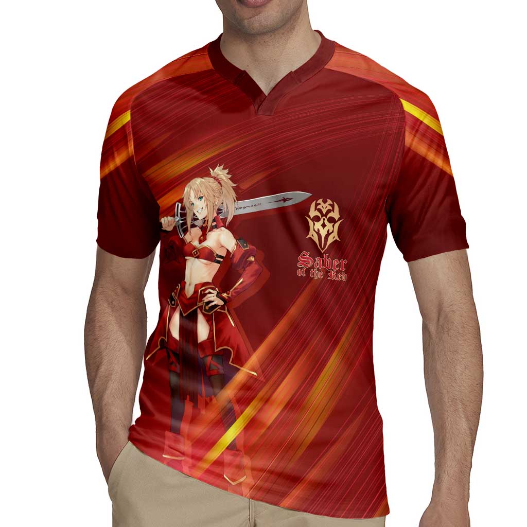 Saber of Red Fate Apocrypha Theme Rugby Jersey with Sword Pose and Fiery Red Gradient Graphic Design - The Mazicc