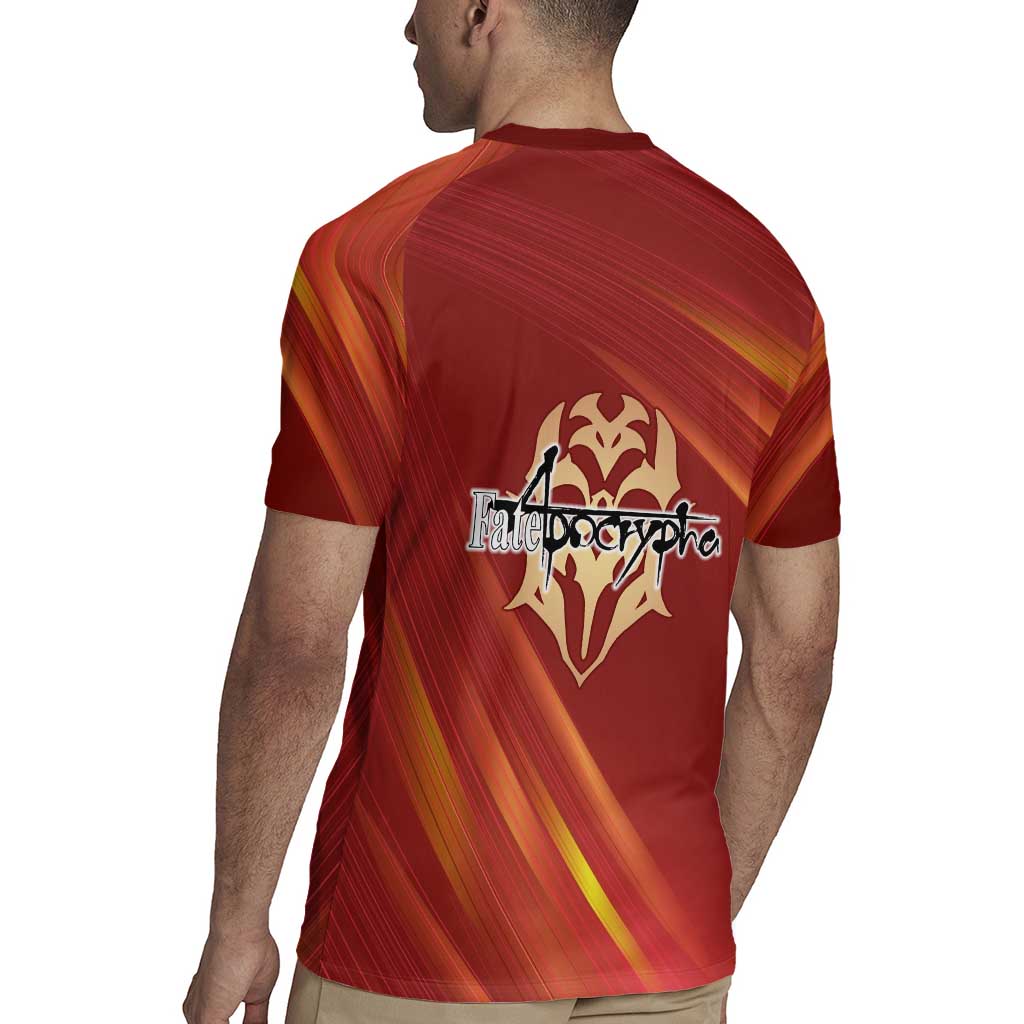Saber of Red Fate Apocrypha Theme Rugby Jersey with Sword Pose and Fiery Red Gradient Graphic Design - The Mazicc