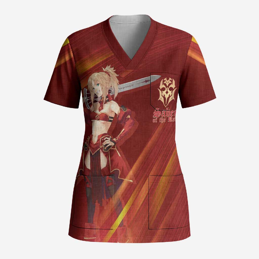 Saber of Red Fate Apocrypha Theme Scrub Top with Sword Pose and Fiery Red Gradient Graphic Design - The Mazicc