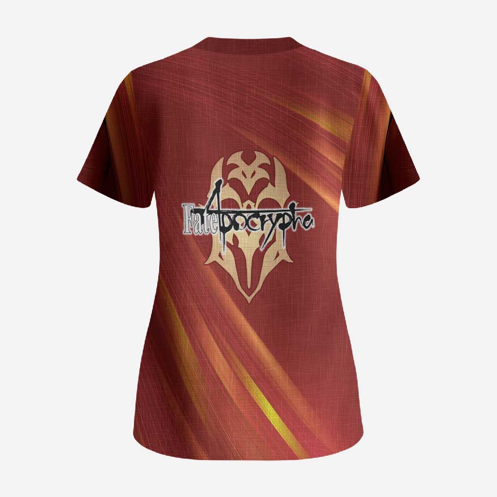 Saber of Red Fate Apocrypha Theme Scrub Top with Sword Pose and Fiery Red Gradient Graphic Design - The Mazicc