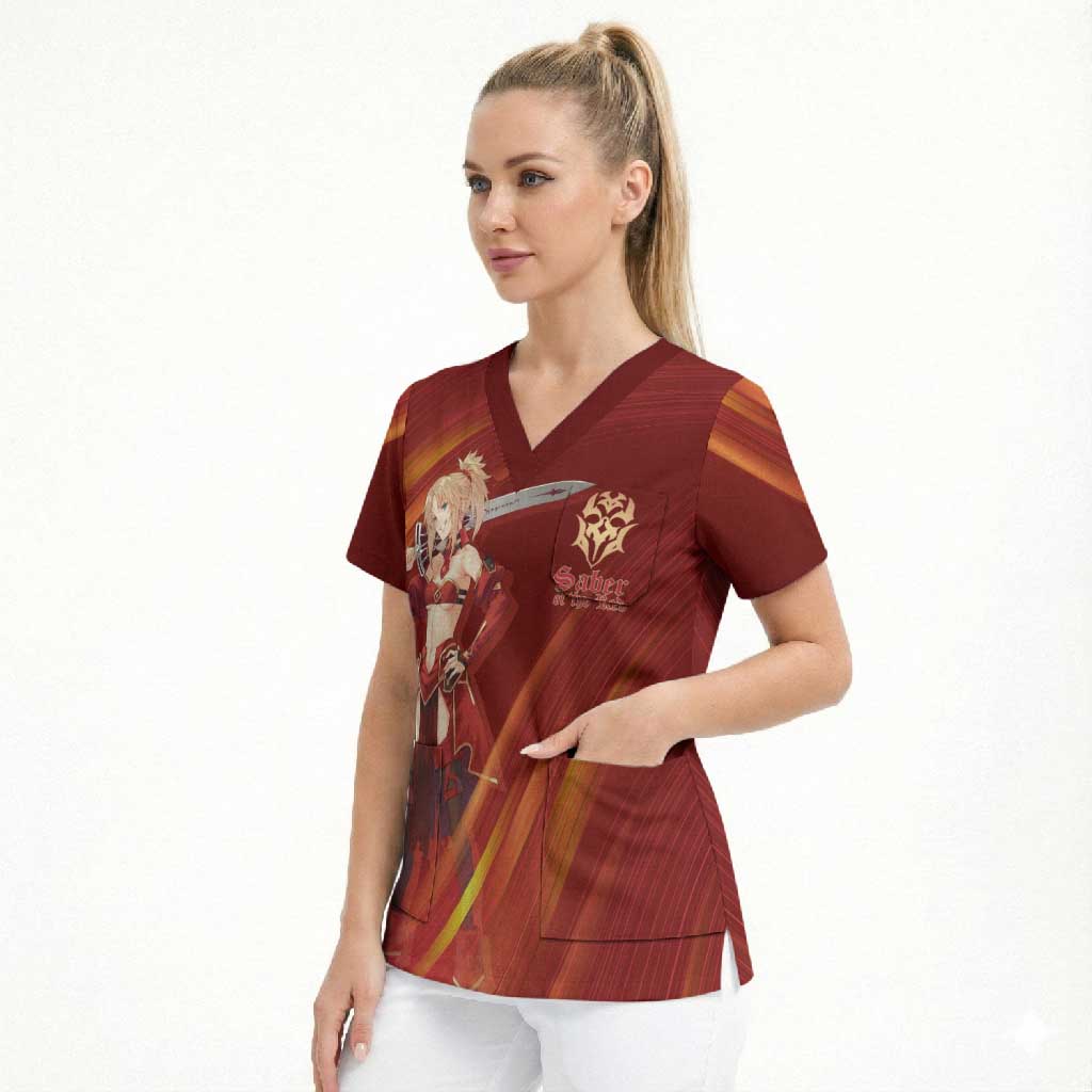 Saber of Red Fate Apocrypha Theme Scrub Top with Sword Pose and Fiery Red Gradient Graphic Design - The Mazicc