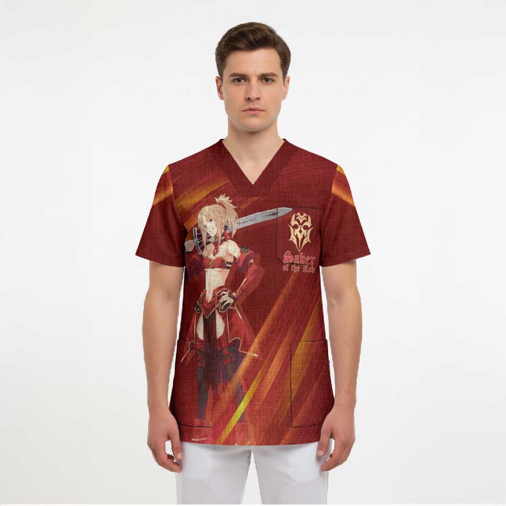 Saber of Red Fate Apocrypha Theme Scrub Top with Sword Pose and Fiery Red Gradient Graphic Design - The Mazicc