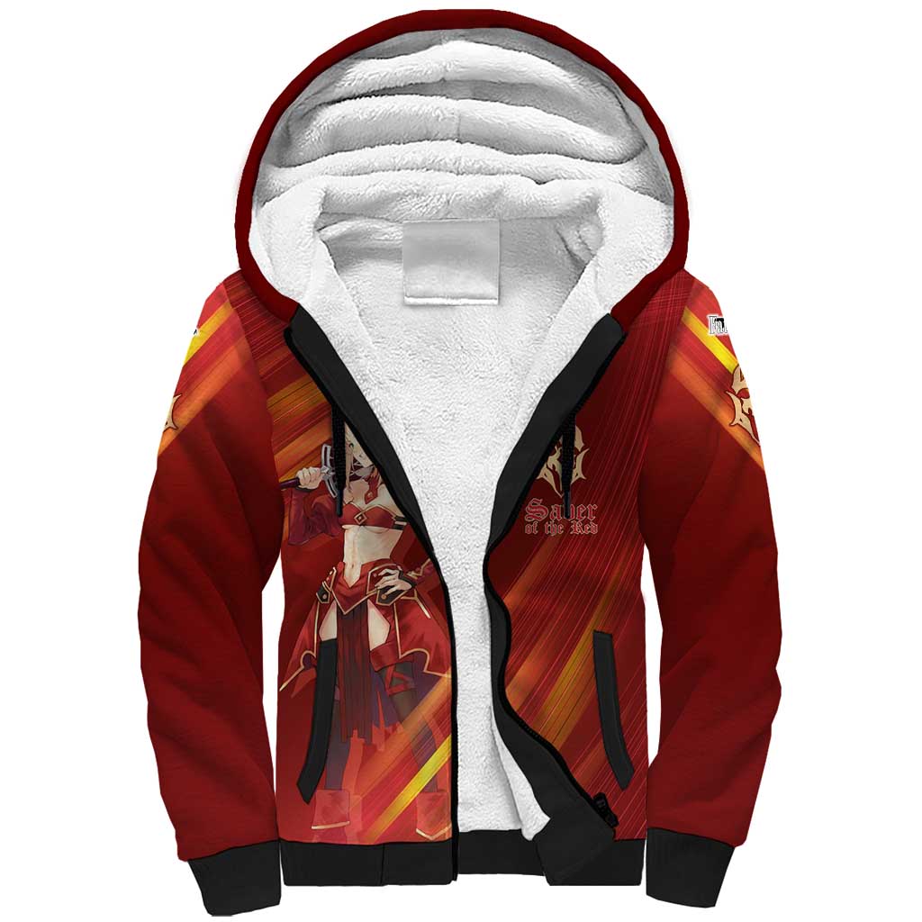 Saber of Red Fate Apocrypha Theme Sherpa Hoodie with Sword Pose and Fiery Red Gradient Graphic Design - The Mazicc