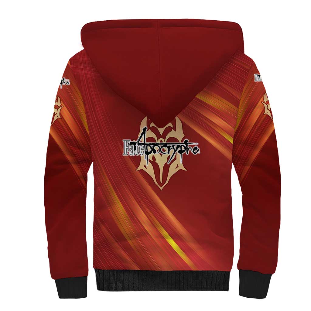 Saber of Red Fate Apocrypha Theme Sherpa Hoodie with Sword Pose and Fiery Red Gradient Graphic Design - The Mazicc