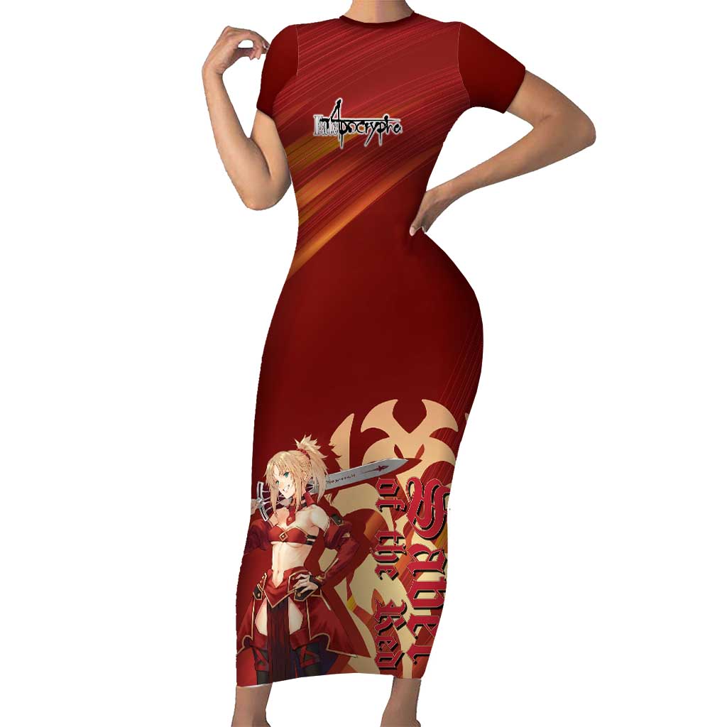 Saber of Red Fate Apocrypha Theme Short Sleeve Bodycon Dress with Sword Pose and Fiery Red Gradient Graphic Design - The Mazicc