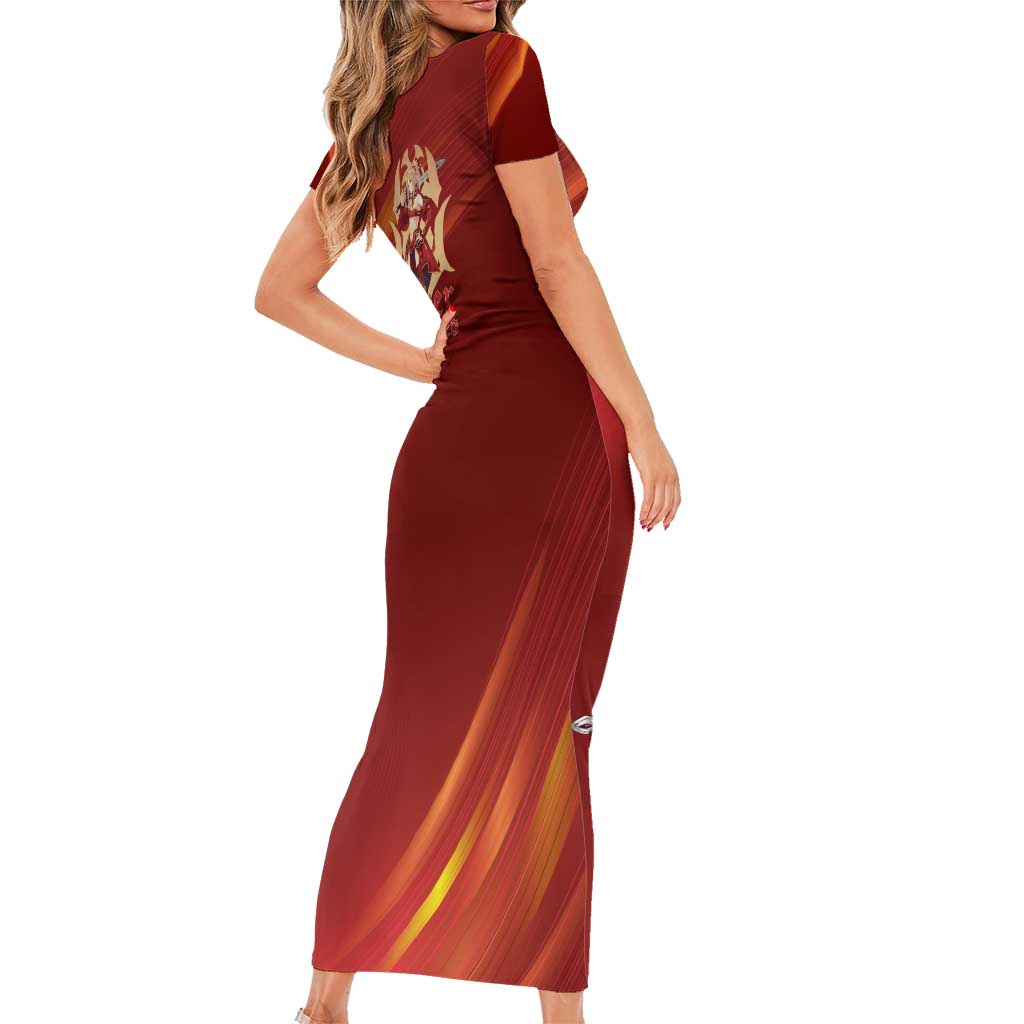 Saber of Red Fate Apocrypha Theme Short Sleeve Bodycon Dress with Sword Pose and Fiery Red Gradient Graphic Design - The Mazicc