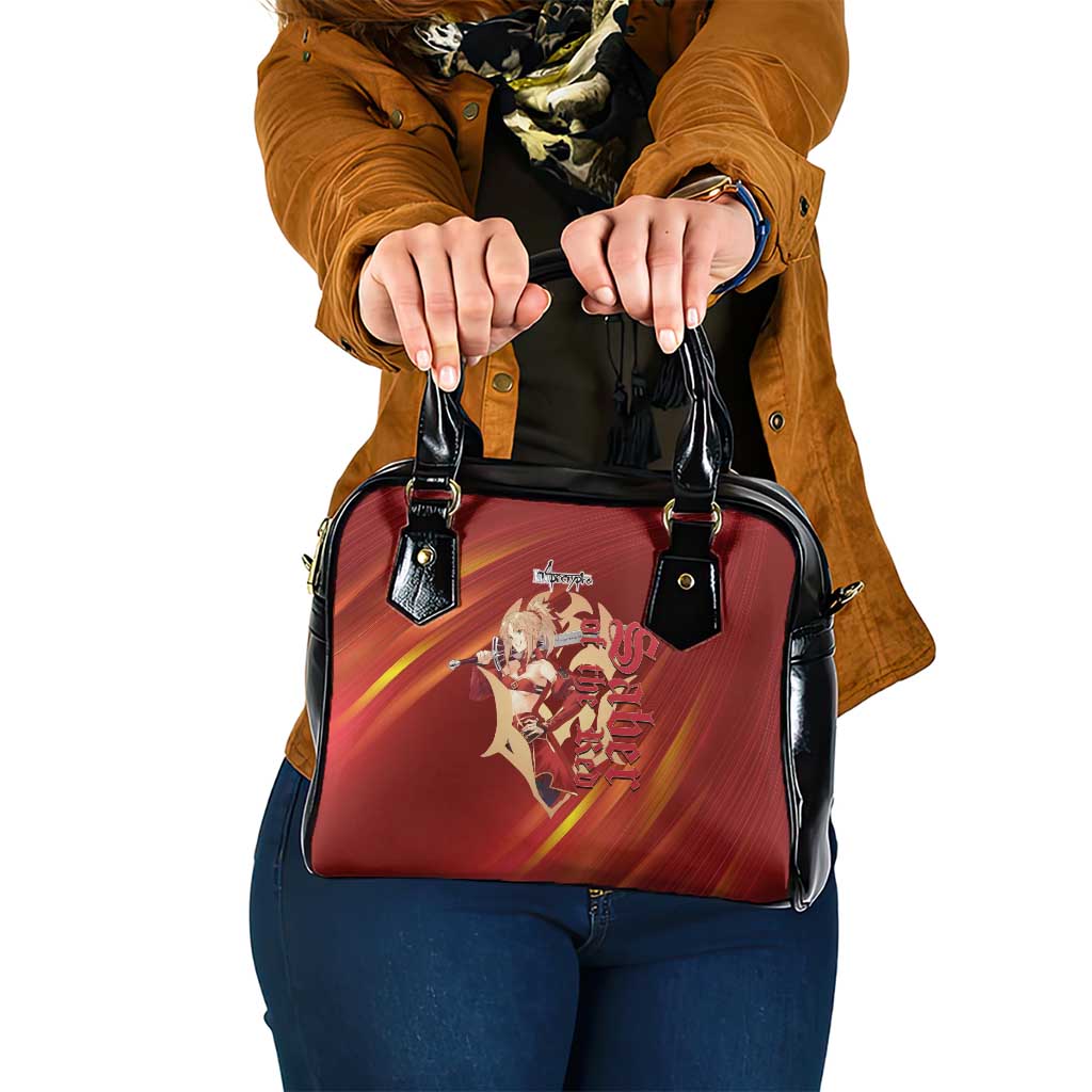 Saber of Red Fate Apocrypha Theme Shoulder Handbag with Sword Pose and Fiery Red Gradient Graphic Design - The Mazicc