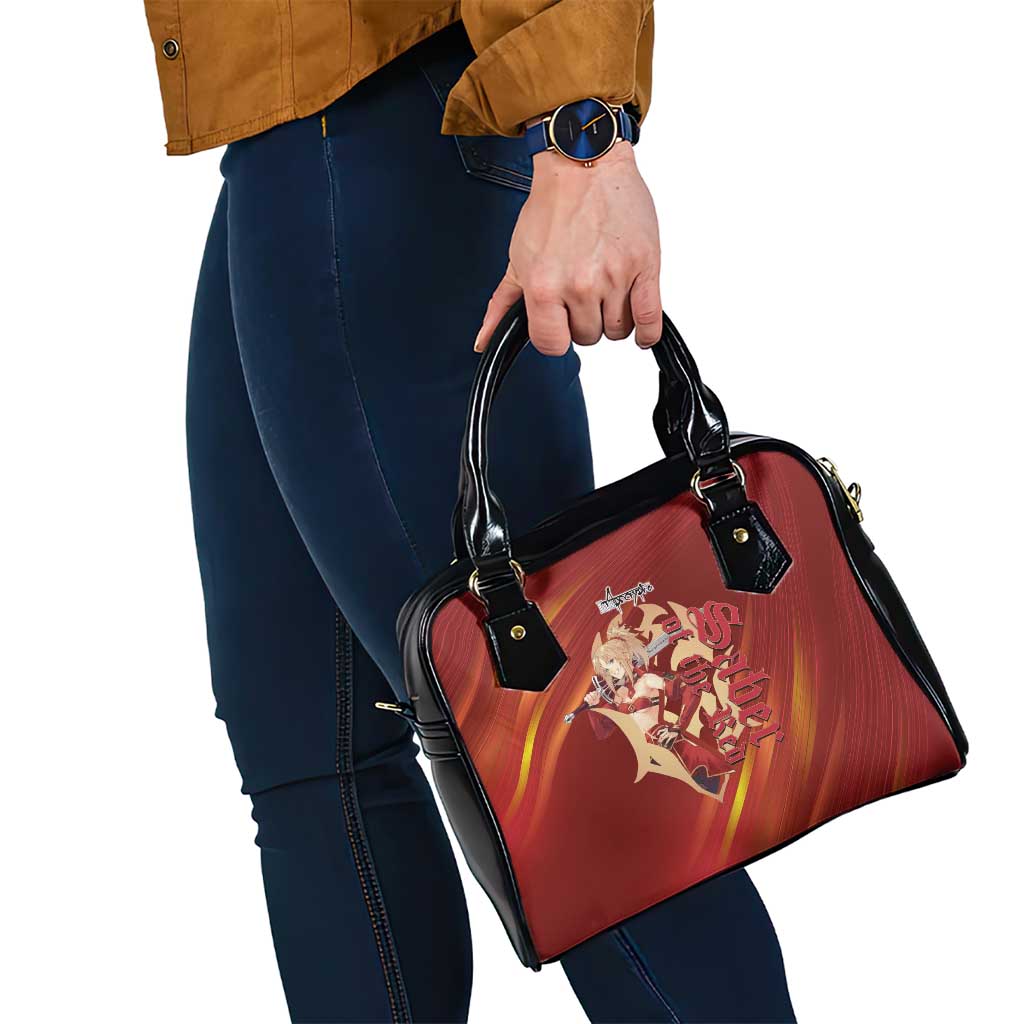 Saber of Red Fate Apocrypha Theme Shoulder Handbag with Sword Pose and Fiery Red Gradient Graphic Design - The Mazicc